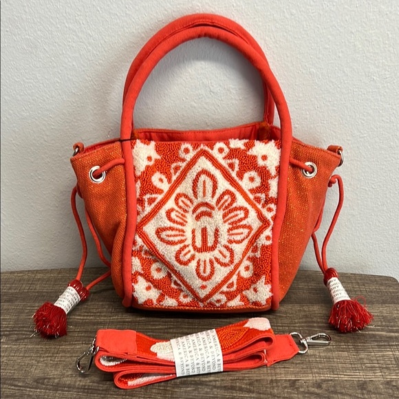 American & Beyond |Orange Beaded Mini Tote/Bucket Bag w/ Beaded Crossbody Strap - Picture 11 of 11